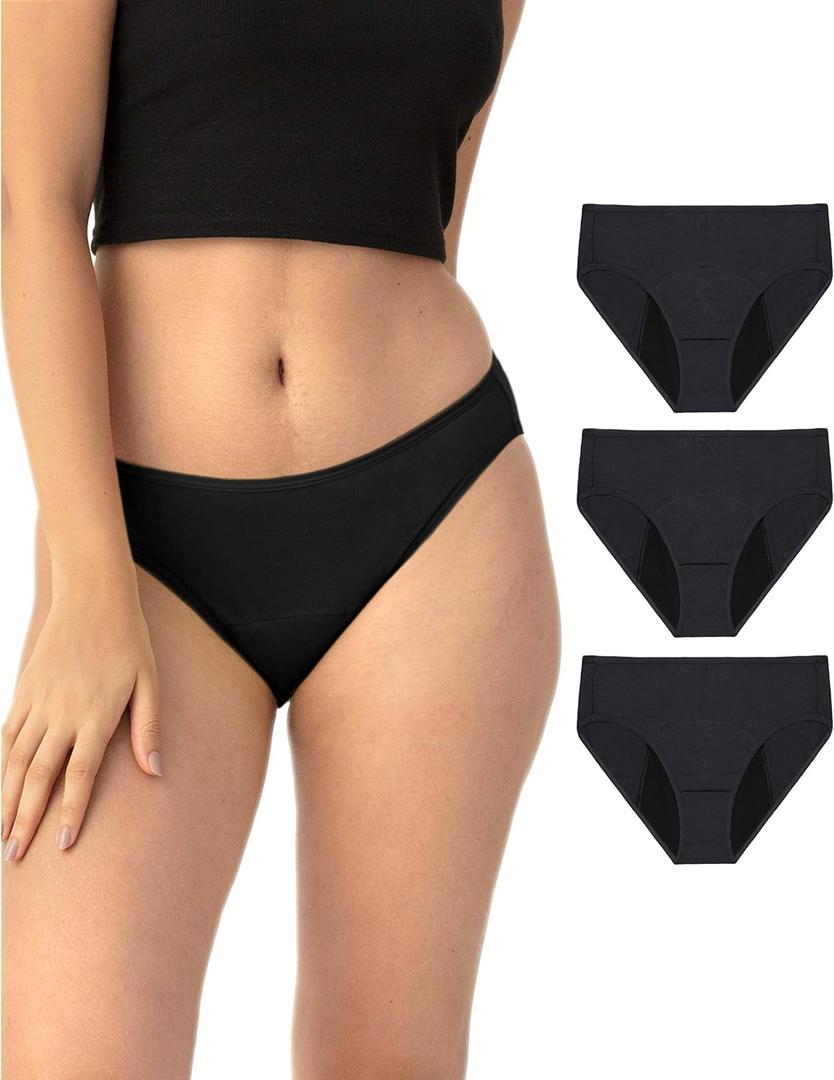 Neione Period Underwear Menstrual Panties Comfortable Modal Bikini Cheeky Briefs for Women Girls (Large, 3-pk All Black)