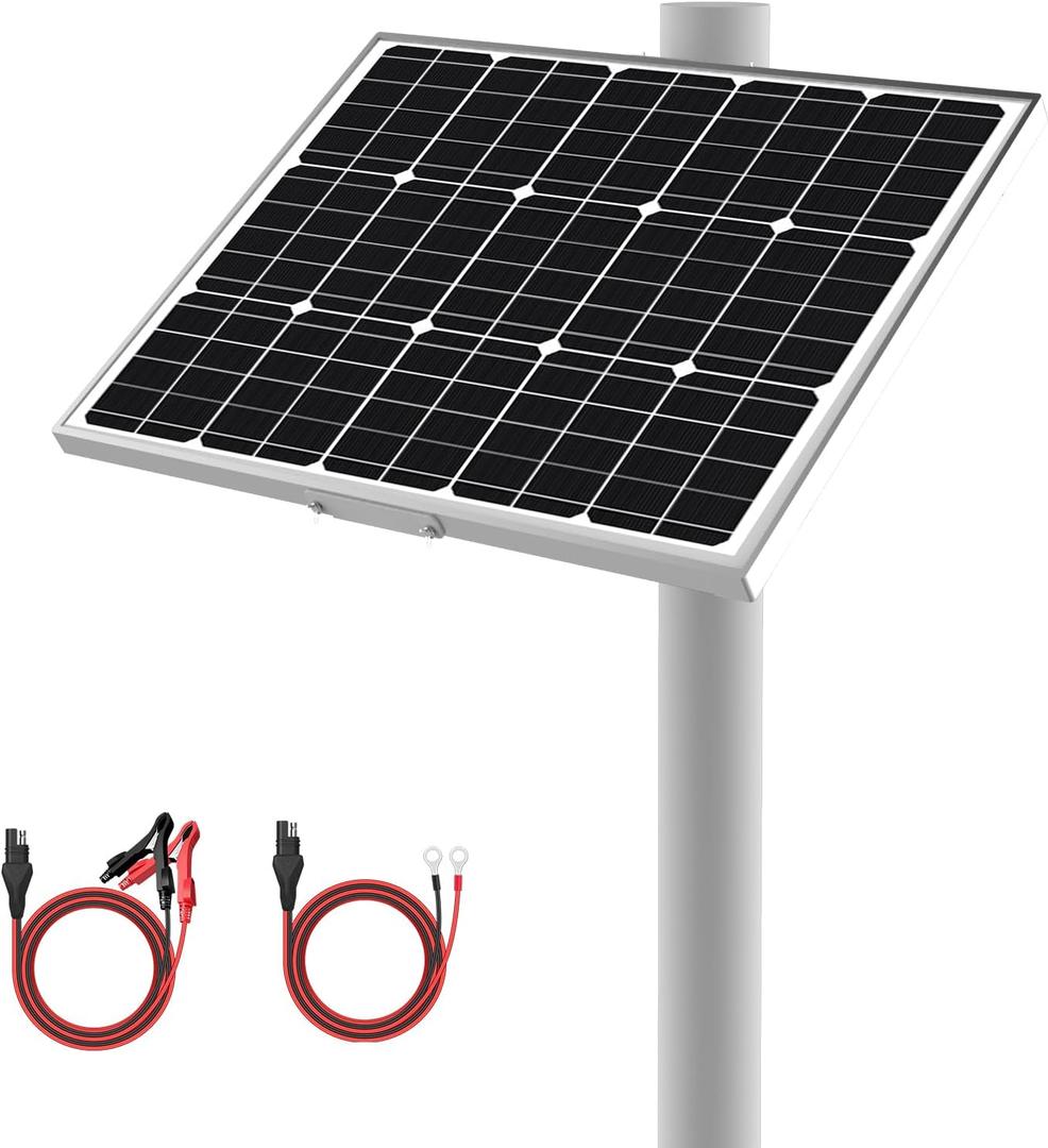 12V 50W Solar Battery Trickle Charger & Maintainer - Waterproof 50 Watt Solar Panel Built-in Ultra Smart MPPT Charge Controller + Adjustable Pole Mount Brackets for Pole Dia 2.35-4.0inch/60-100mm