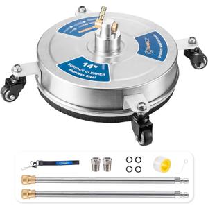 14" Pressure Washer Surface Cleaner with 4 Wheels, 1/4" Quick Connect Plug, Sturdy Stainless Steel Power Washer Attachment for Concrete Driveway, Min Flow Rate 1.8 GPM, Max 4000 PSI (Silver)