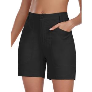 MoFiz Women's Cotton Bermuda Cargo Shorts 5" Casual Summer Elastic Waist Trouser Shorts with Pockets, S