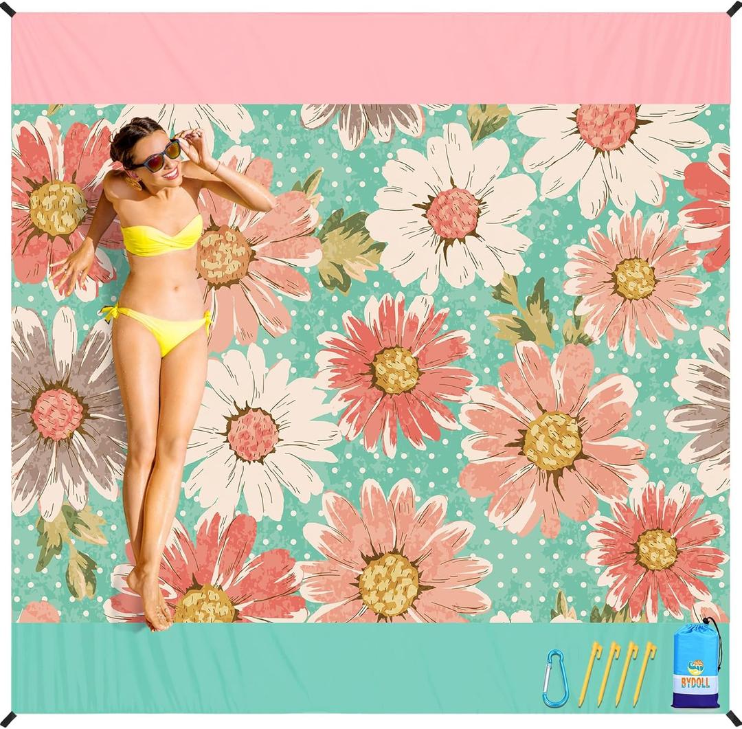 BYDOLL Beach Blanket Waterproof Sandproof 78''81'' Suits1-4 Adults Compact Lightweight Oversized Sand-Free Blanket Large Picnic Mat for Beach Travel Camping Hiking (Flowers) and Waterproof Phone Case
