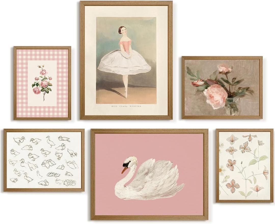 Nursery Pink Wall Art Decor Baby Girl Canvas Wall Art Vintage Floral Prints Kids Room Wall Decor Preppy Flower Poster Antique Pink Pictures Swans Painting for Girls Room Bedroom 8x10x6 Inch Framed