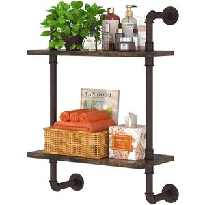 Helsin 2 Tier Industrial Pipe Floating Bathroom Shelves, 16inch Rustic Wood Wall Mounted Shelf, Storage Rack Sundries Holder for Kitchen Office Bathroom Organization & Home Dcor