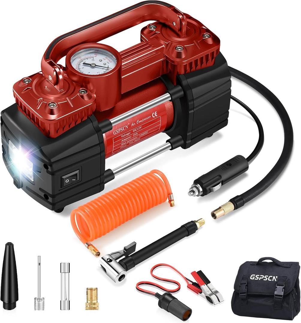 GSPSCN 6X Faster Inflation Dual Cylinder DC 12V Air Compressor for Car, Heavy Duty Portable Tire Inflator,Tire Pump 150PSI with LED Light for Auto,Truck,SUV, RV,Balls etc (RED)