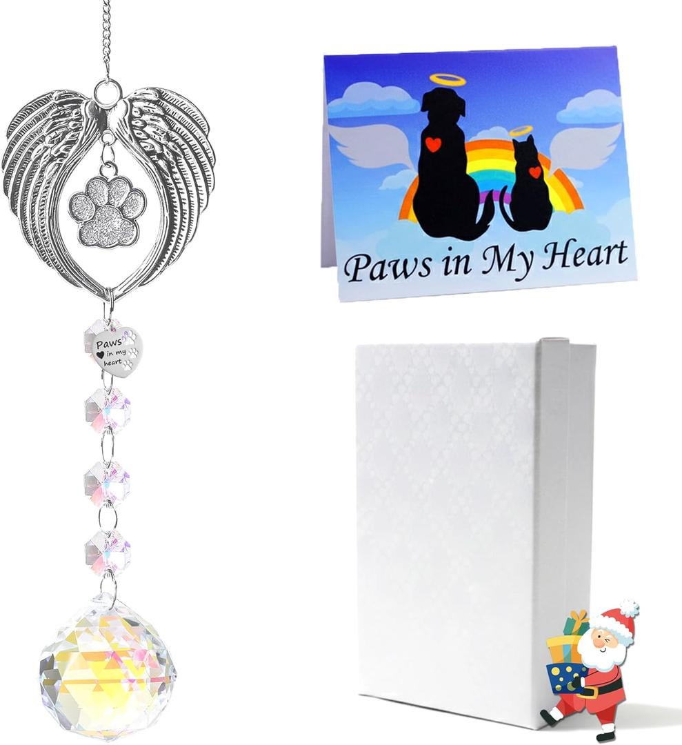 Pet Memorial Gifts for Dogs, Loss of Cat Sympathy, Remembrance Bereavement Crystal Suncatcher with Wing Paw, Cat Memorial Gift for Passing Away Loving Pets (Silver)