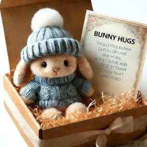 Handmade Mini Bunny Hug Cute Easter Gift with Card, 2026 New Soft Plush Rabbit Mini Bunny Hugs in Box, Easter Basket Bunny Stuffer Women MenSmall Thoughtful Gift for Friends & Family (blue)
