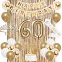 Trgowaul 60th Birthday Decorations for Women, Banner, Sash and Crown, Cake Topper, 60 Number Balloon, Fringe Curtains, Champagne Gold 60th Birthday Party Supplies