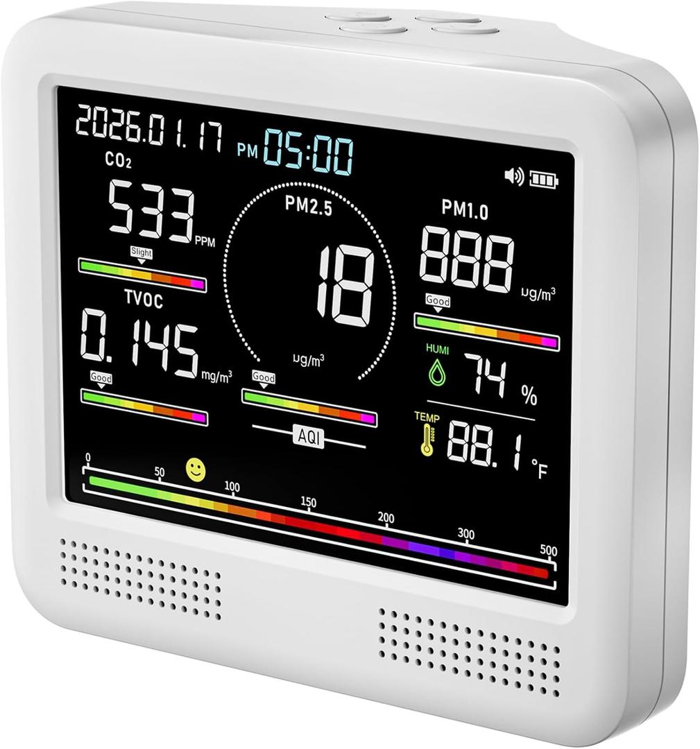 Indoor Air Quality Monitor for Home, CO2 Detector with PM2.5 PM10, Formaldehyde TVOC Sensor, AQI Temperature Humidity DisplayWhite