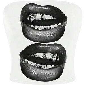 WDIRARA Women's Lip Graphic Tube Top Strapless Bandeau Sleeveless Crop Tops (L)