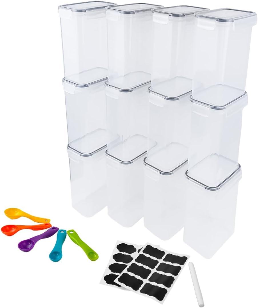 Ceybo Set of 12 Airtight Pantry Storage Containers with Snap Lids, Includes 16 Labels, 1 Marker and a Set of Measuring Spoons for Kitchen Organization (Black)