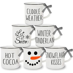 Whaline 6Pcs Winter Mini Coffee Mug with Ribbon Tiered Tray Decor White Snowman Drinking Mug for Winter Christmas Table Centerpieces Decorations Housewarming Gift