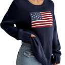 SweatyRocks Women's Flag Pattern Long Sleeve Round Neck Sweater Casual Loose Pullover Sweater (Dark Blue) XS