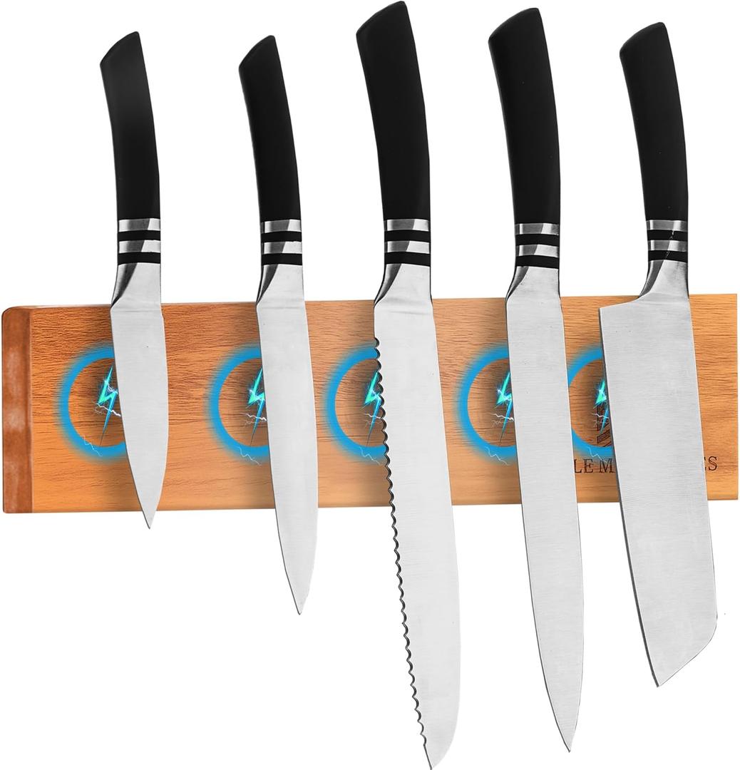 Magnetic Knife Holder  Premium Acacia Wood Knife Storage with Double-Sided Magnetic Strip, Anti-Slip Base  Elegant Countertop & Wall-Mounted Knife Organizer for Kitchen Tools