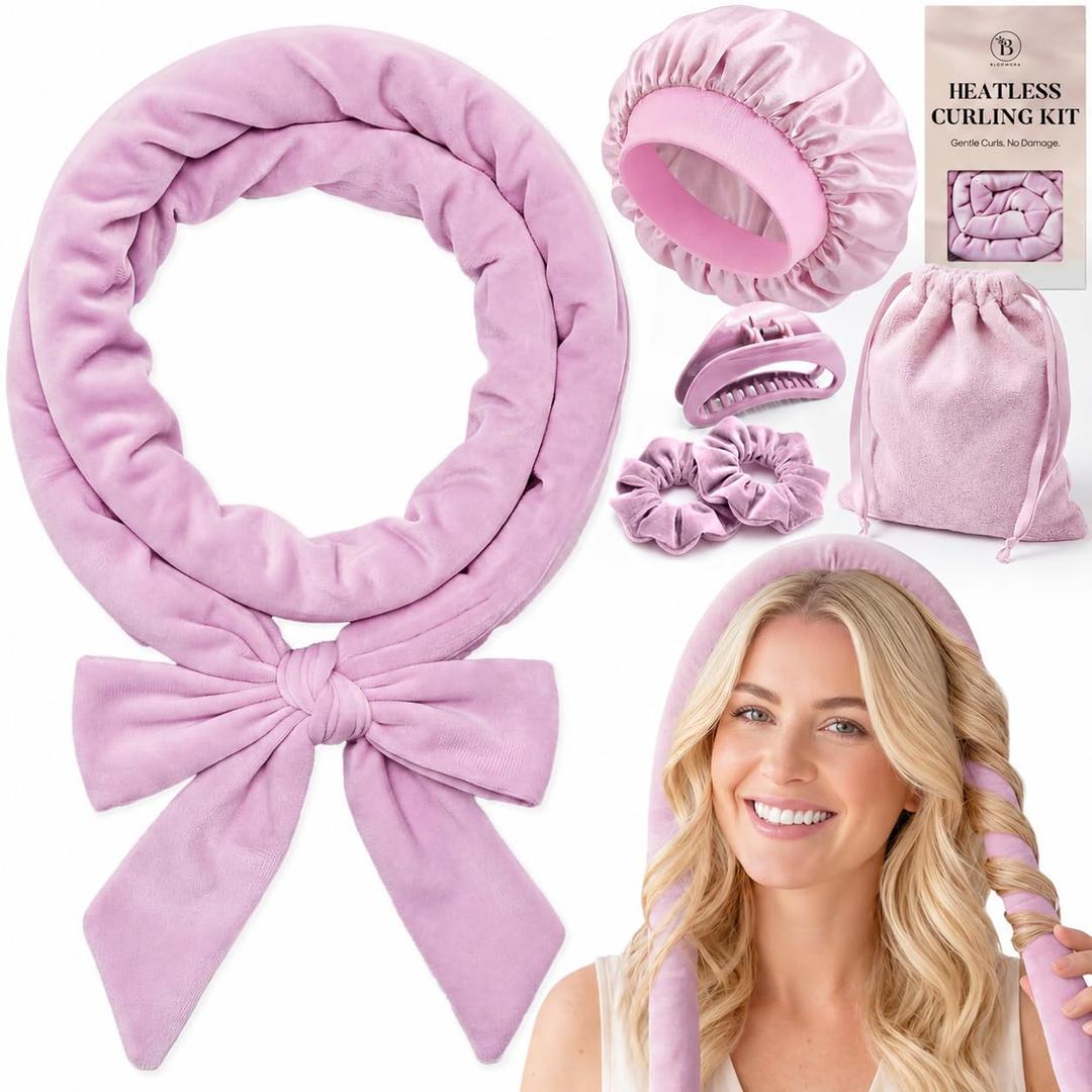 Velvet Heatless Hair Curler for Heatless Curls Overnight 63" No Heat Curls Overnight Rod with Cap, Clip & Ties, Curling Set Without Heat for Easy Hair Curling at Home, Rose Gold