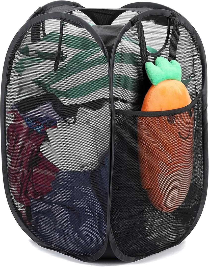 HOUSE AGAIN Mesh Popup Laundry Hamper, [Reinforced] Collapsible Laundry Basket, Foldable Pop Up Hamper with Durable Handles, Easy to Open and Fold for Dorm, Laundry Room, Bedroom, Travel, (Black) (1-Pack)