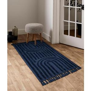 LEEVAN Washable Kitchen Rug 2'x4', Boho Hand-Woven Entryway Rug, Dark Blue Rainbow Bedroom Rug with Tassels, Farmhouse Tufted Bathroom Rugs, Durable Bohemian Rugs for Bedside/ Laundry/ Nursery