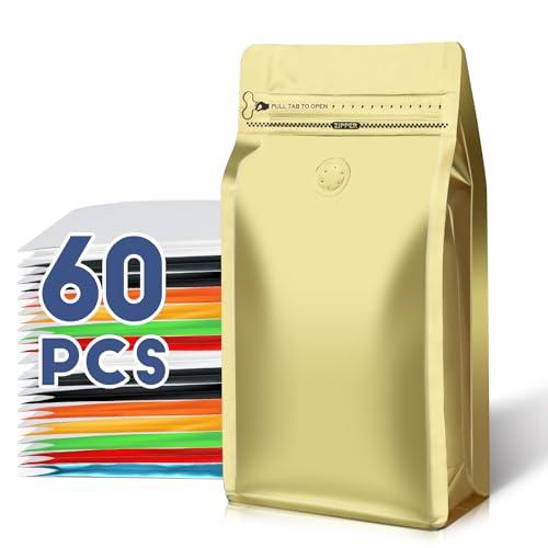 Coffee Bags with Valve(59pcs,4 oz,0.25 lb) Vented Coffee Beans Packaging Bags High Barrier Aluminumed Foil Flat Bottom Heat Sealed Side Zipper Resealable Storage Bag for Home or Business（Gold）