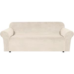 H.VERSAILTEX Stretch Velvet Sofa Covers for 3 Cushion Couch Covers Sofa Slipcovers Furniture Protector Soft with Non Slip Elastic Bottom, Crafted from Thick Comfy Rich Velour (Sofa 72"-90", Ivory)