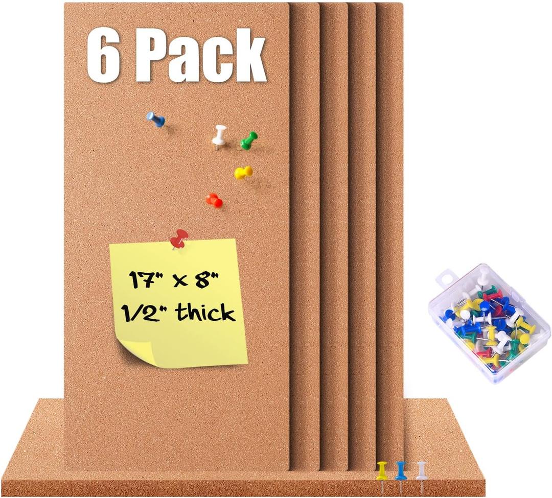 6 Pack Cork Bulletin Board 17"x8" - 1/2" Thick Cork Board Tiles,Self-Adhesive Frameless Cork Tiles Wall Decor with 50 PCS Pushpins