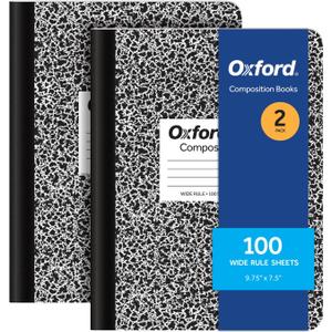 Oxford Composition Notebooks, 9-3/4 x 7-1/2 Inch School Journals, Wide Ruled Paper, Black Marble Covers, 100 Sheets per Book, 2 Pack (1002516)