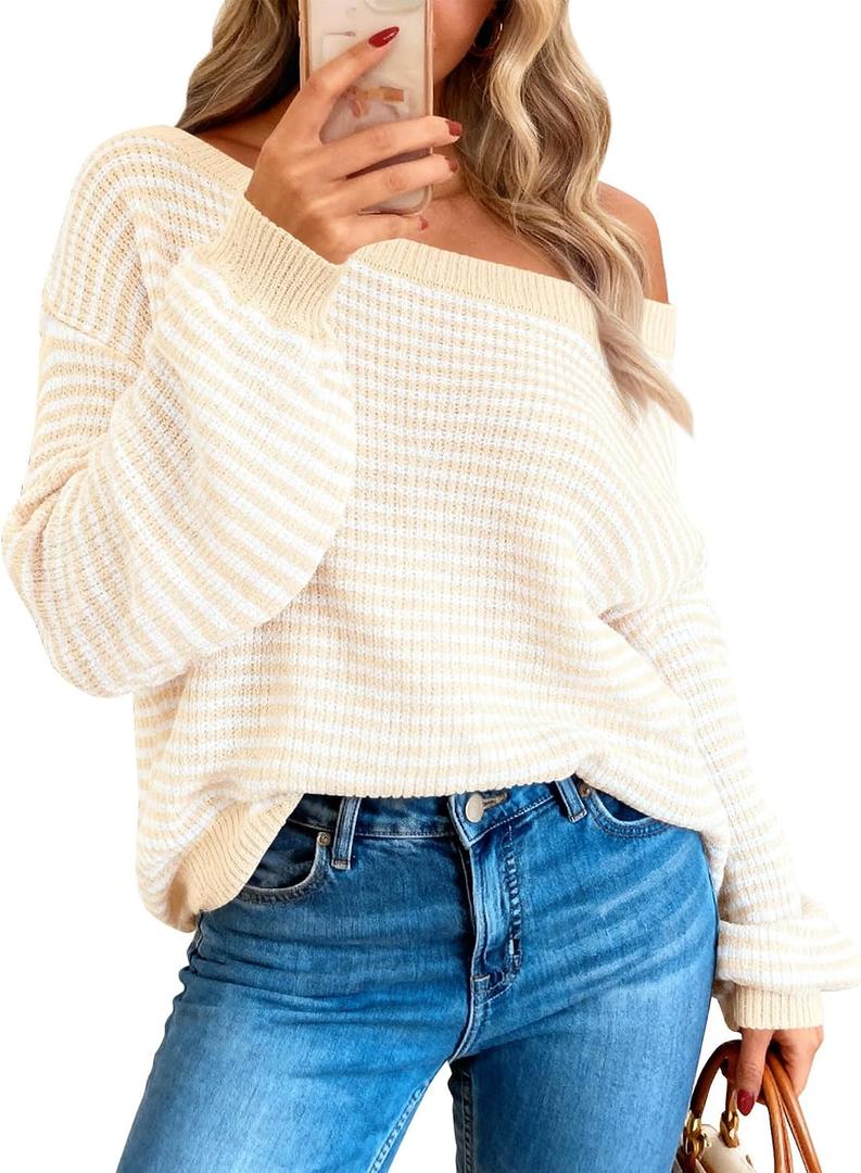 Zenlonr Womens Off The Shoulder Sweater 2025 Fall Winter Long Sleeve Striped Sweater Oversized Knitted Pullover Tops (Beige, XL)