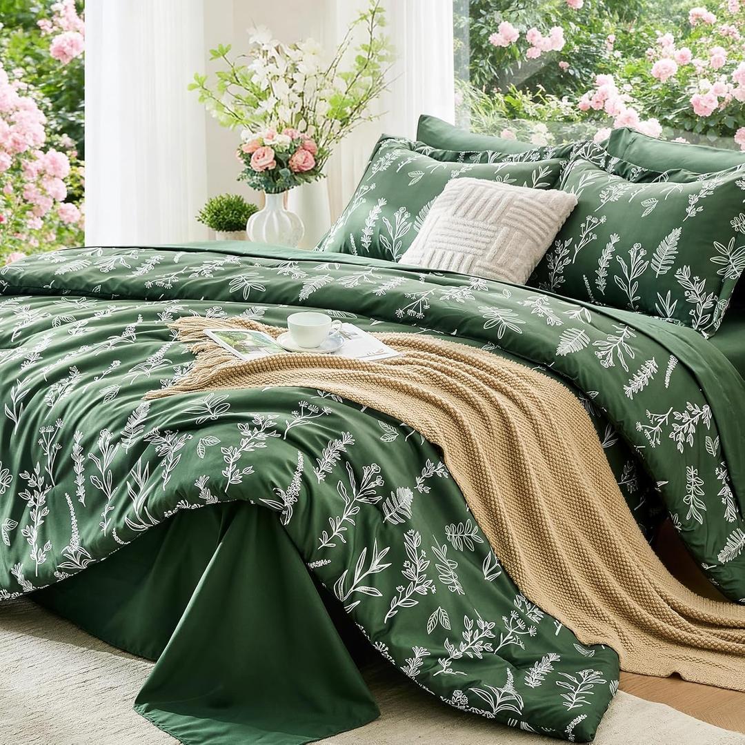 MUXHOMO Dark Green Bed in a Bag Queen 7 Pieces, Queen Comforter Set Reversible Botanical Flowers Design, Ultra Soft & Breathable Bedding Sets with Comforter, Sheets, Pillowcases & Shams