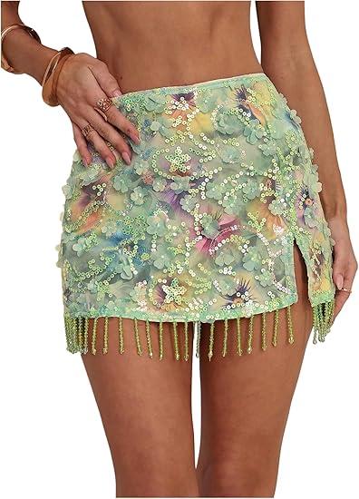 MakeMeChic Women's Sequin Mini Skirt Y2K Sparkly Micro Pencil Skirt, Mint Green (Small)