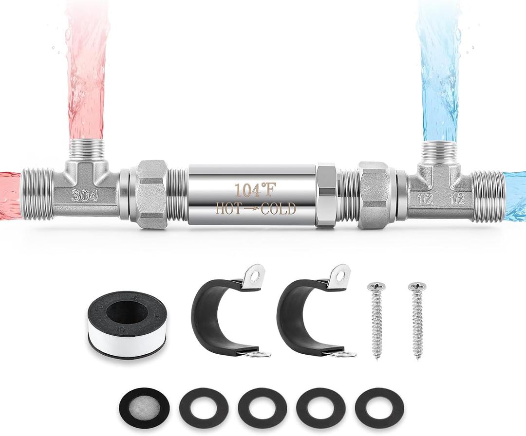 304 Stainless Steel Bypass Valve for Instant Hot Water Recirculating Pump - Upgraded Temperature Control Valve with 1/2" and 3/8" Connections, Perfect Replacement for Old Plastic Models