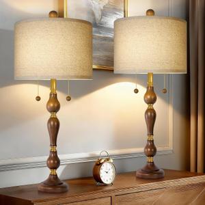 Scenekoy 30" Natural Real Wood Table Lamps Set of 2, Rustic Farmhouse Traditional Table Lamps with Shade for Living Room, Bedside Lamp with Pull Chains Dual Switch for Bedroom Office (Bulbs Included)