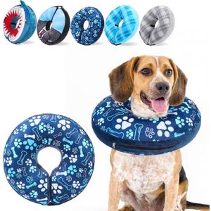 SCENEREAL Dog Cone Alternative After Surgery Donut Collar, Soft Pet Recovery Pillow Collar for Dogs, Inflatable Adjustable Neck Collars to Prevent Licking, Bone and Paw Print E-Collars (Blue) M