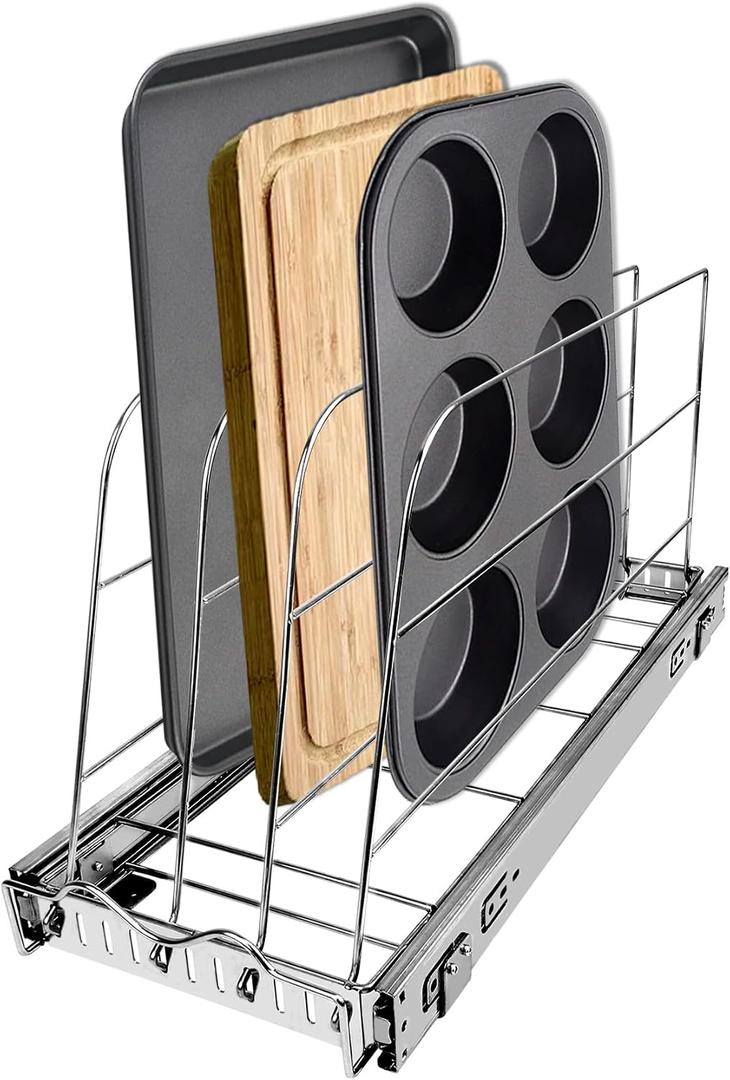 Pull Out Baking Pan Organizer for Cabinet, Cookie Sheet, Cutting Board, Tray Organizer for Cabinet, Adjustable, 22.5"D x11"H x 9"W, Pull/ Slide Out Organizer-Heavy Duty, Chrome steel, 3-tier