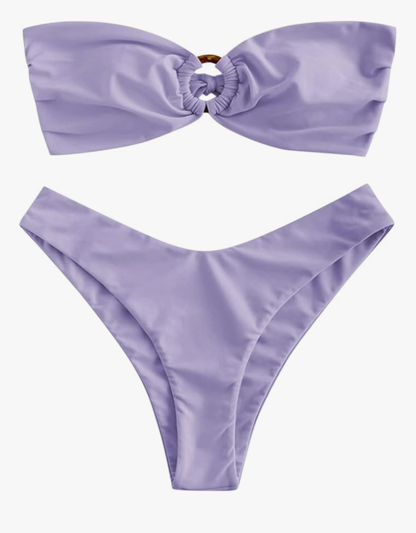 ZAFUL Women's Bandeau Bikini O Ring Strapless Tie Back High Cut Two Piece Swimsuit Bathing Suits, Purple, Size L
