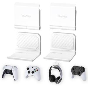 PlayVital FOLD Controller Holder Wall for ps5 ps4 Xbox Switch 2 Pro Headset, 2 Pack Universal Storage Organizer Gaming Controller Stand Headphone Mount - Foldable Anti-slip Adhesive Removable, White
