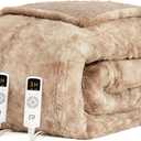 EHEYCIGA Electric Heated Blanket Queen Size Faux Fur, 10 Hours Auto Shut Off 9 Heating Levels Heating Blanket with Dual Control, Soft Warm Heated Blanket Fast Heating Camel, Faux Fur & Sherpa