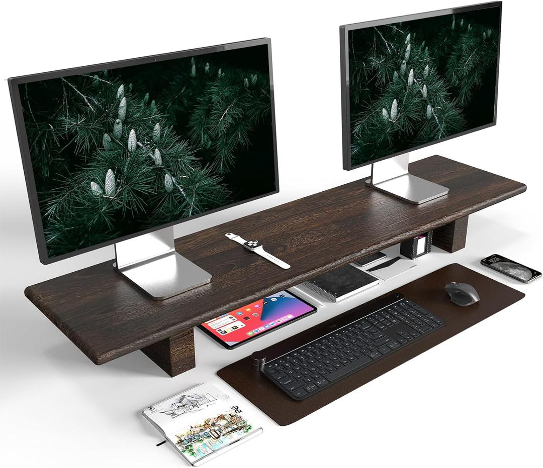 "WEGASTU Solid Wood Rustic Desk Monitor Stand with StorageLarge Dual Monitor Stand Riser for Laptop Computer/TV/PC/Printers, Perfect Desktop Stands Organizer with Underneath Storage for Office