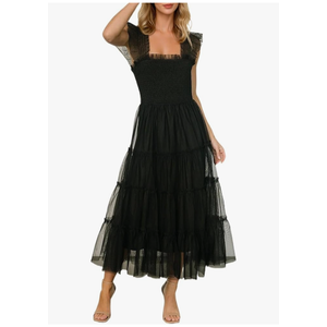 Women's Summer Midi Tulle Dress Sleeveless Smocked Square Neck Ruffle Flowy Party Wedding Guest Dresses