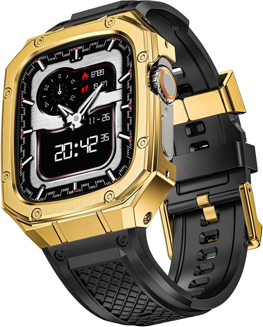 SUPLINK Silicone Band with Stainless Steel Case Compatible with Gold Apple Watch Ultra 2 Bands/ 1/ Apple Ultra Watch 3 Bands Men, Metal Rugged Protective Bumper for iWatch Bands 49mm