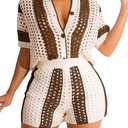 KANSOON Short Sets Women 2 Piece Outfits Knit Color Block Short Sleeve Button Down Shirt and Shorts Set 2XL