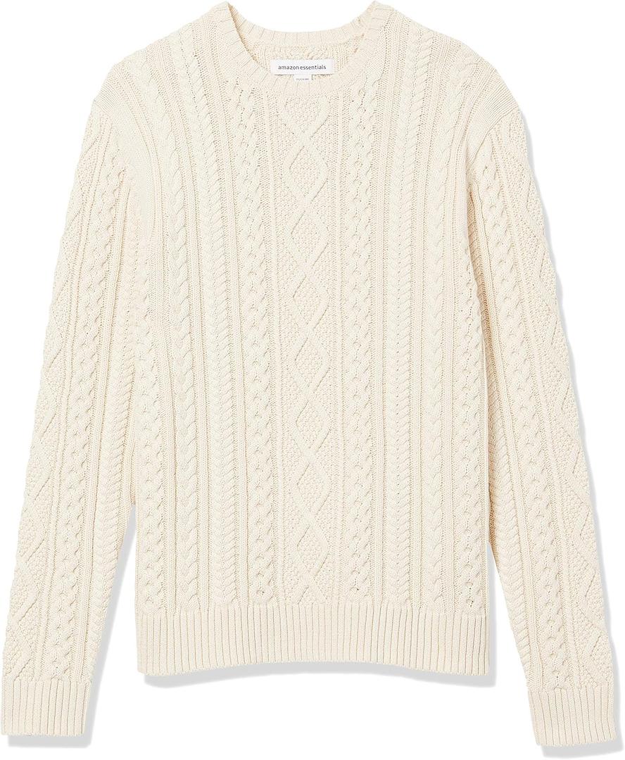 Amazon Essentials Mens Long-Sleeve 100% Cotton Fisherman Cable Crewneck Sweater (Small, Off-white)