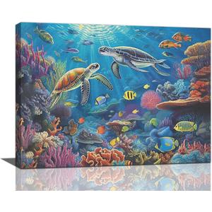 Sea Turtle Wall Art Marine Theme Ocean Pictures Wall Decor Colorful Fish Coral Beach Canvas Painting Prints Artwork Modern Home Decoration Framed for Living room Bedroom Bathroom Office 16"X20"