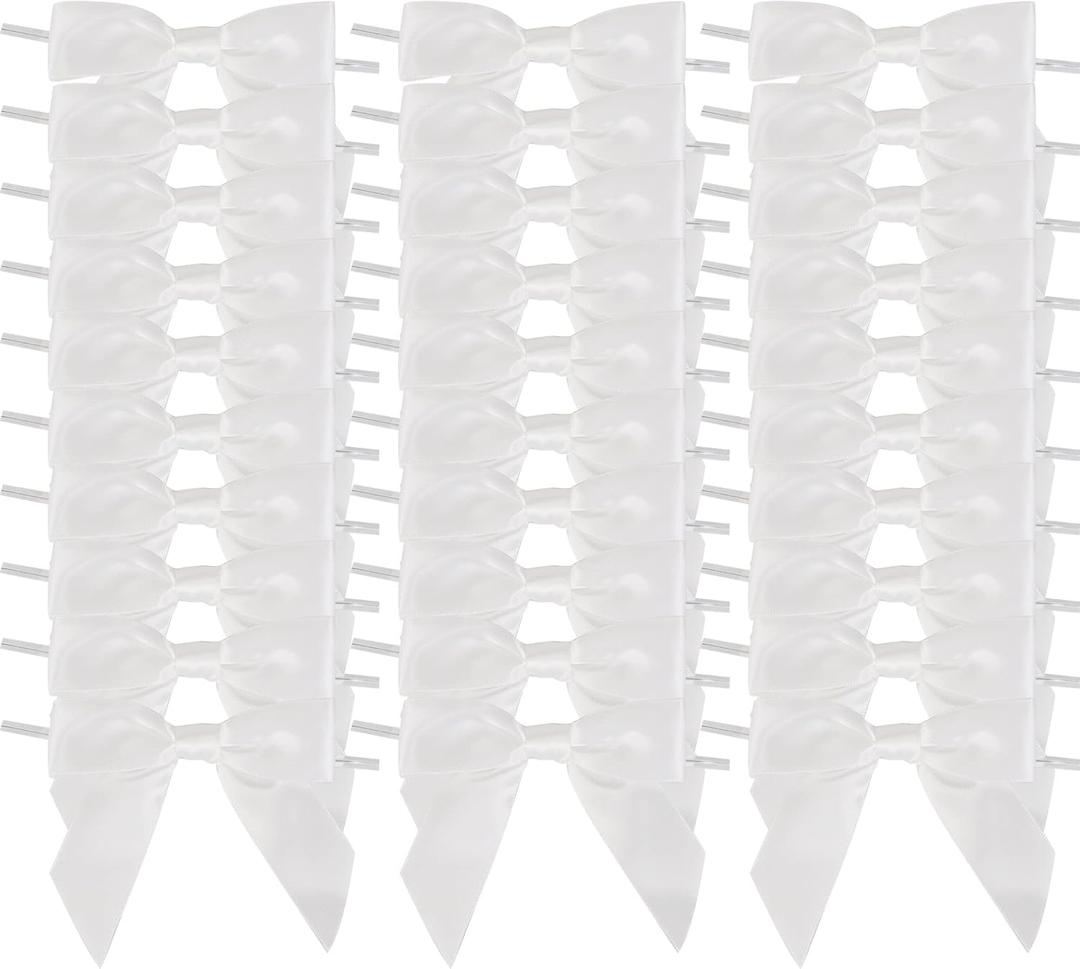 AIMUDI White Satin Ribbon Twist Tie Bows 3.5" Pretied Bows Premade Craft Bows for Treat Bags Cake Pop Gift Wrapping Basket Wedding Favors Cookie Candy Bagging Baby Shower - 50 Counts