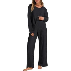 ANRABESS Women 2 Piece Lounge Pajamas Sets Casual Ribbed Knit Long Sleeve Top Pants Matching Set 2025 Fall Outfits Clothes (Medium, Black)