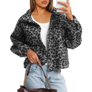 Darong Women's Cropped Fuzzy Fleece Jacket Shacket Button Down Plaid Leopard Jackets Warm Winter Soft Cozy Coat (Large)