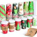 48 Sets/144 Pcs 16 oz Christmas Disposable Coffee Cups with Lids and Sleeves Red and Green Paper Cups for Merry Christmas Party 12 Designs Xmas Dinner Coffee Drinking Hot Cocoa Winter Holiday