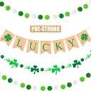 Lucky Banner, 4 Pcs St. Patricks Day Decoration Burlap Bunting Pennant and Felt Shamrock with Green White Pom Pom Ball Garland Irish Lucky Day Party Hanging Decor for Home Mantel Office Classroom