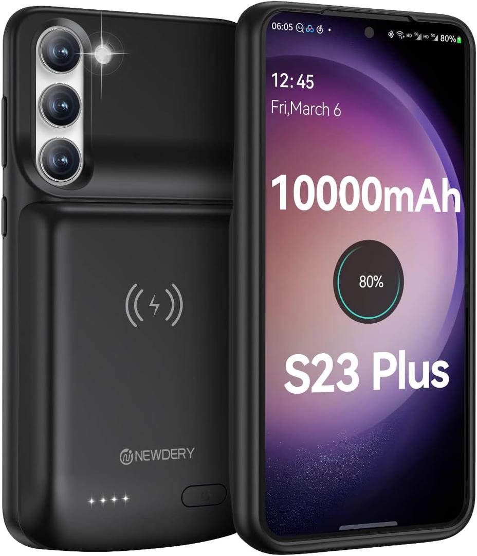 NEWDERY Battery Case for Galaxy S23 Plus 10000mAh, Qi Wireless Charging, Fast Charging, Sync Data Supported, Powerful Portable Rechargeable Charger Case for Samsung S23+ 5G 6.6"(2023 Release) Black