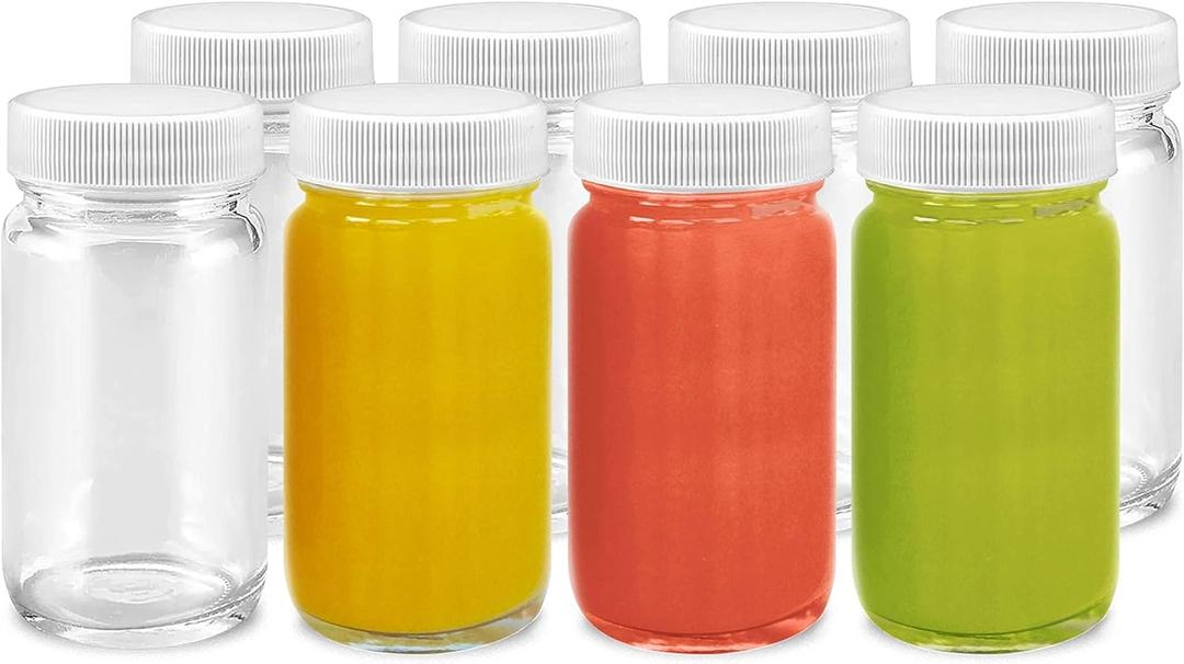 Juice Shot Bottles Set - Wide Mouth for Juicing, Beverage Storage, Liquids, 2 oz, Clear Small Glass Bottles with White Caps, Reusable, Leak Proof, Jars (8 Pack)