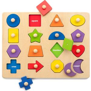 Coogam Montessori Toy Wooden Shape Peg Puzzle, Fine Motor Color Matching Sorting Board, Early Learning Educational Activity Toy Gift for Preschool Toddler Baby 3 4 5 Year Old