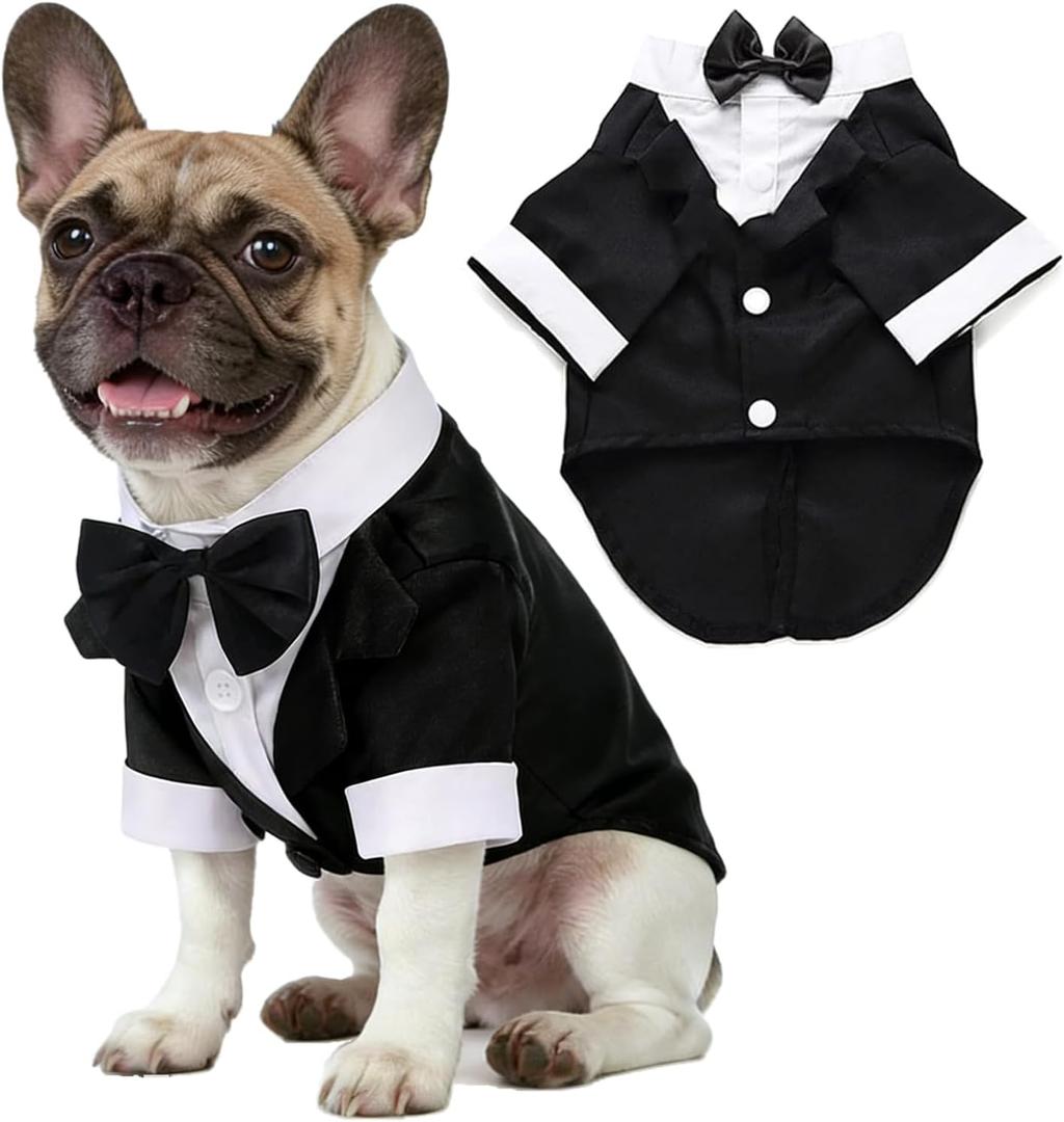 Dog Shirt Puppy Clothes, Pet Wedding Suit Formal Tuxedo with Black Bow Tie, Pet Outfit for Small Medium Dogs Cats, Pet Weding Attire Dress Up Cosplay Prince Costume Gentleman Apparel (Black, Large)