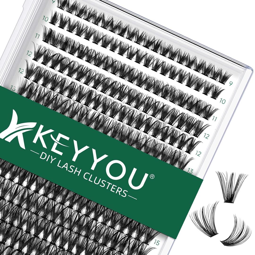 KEYYOU Lash Clusters 300pcs Individual Lashes, 40D 0.07D Curl 9-18MIX DIY Eyelash Extension, Soft & Natural Volume Cluster Lashes with Large Tray